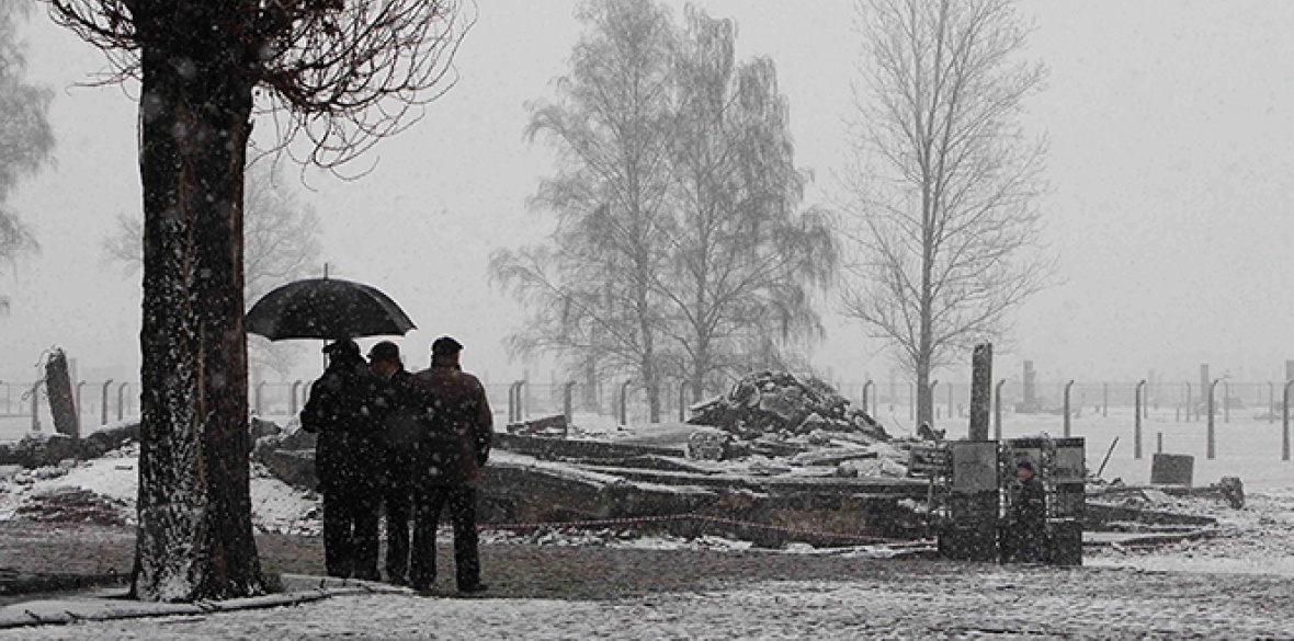 Visitors to Birkenau in winter.